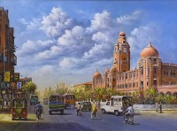 Hanif Shahzad, KMC Building M.A. Jinnah Road Karachi, 27 x 36 Inch, Oil on Canvas, Cityscape Painting, AC-HNS-029